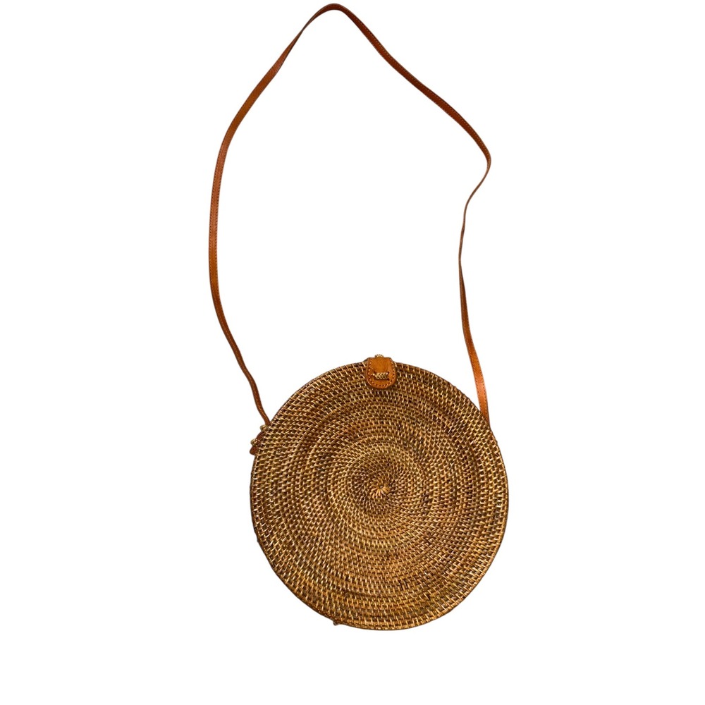Boho Round Rattan Crossbody Bag Woven Straw Purse Batik Lining Cottegecore